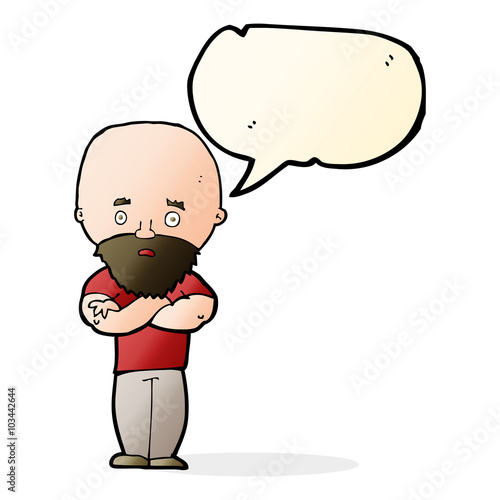 cartoon shocked bald man with beard with speech bubble
