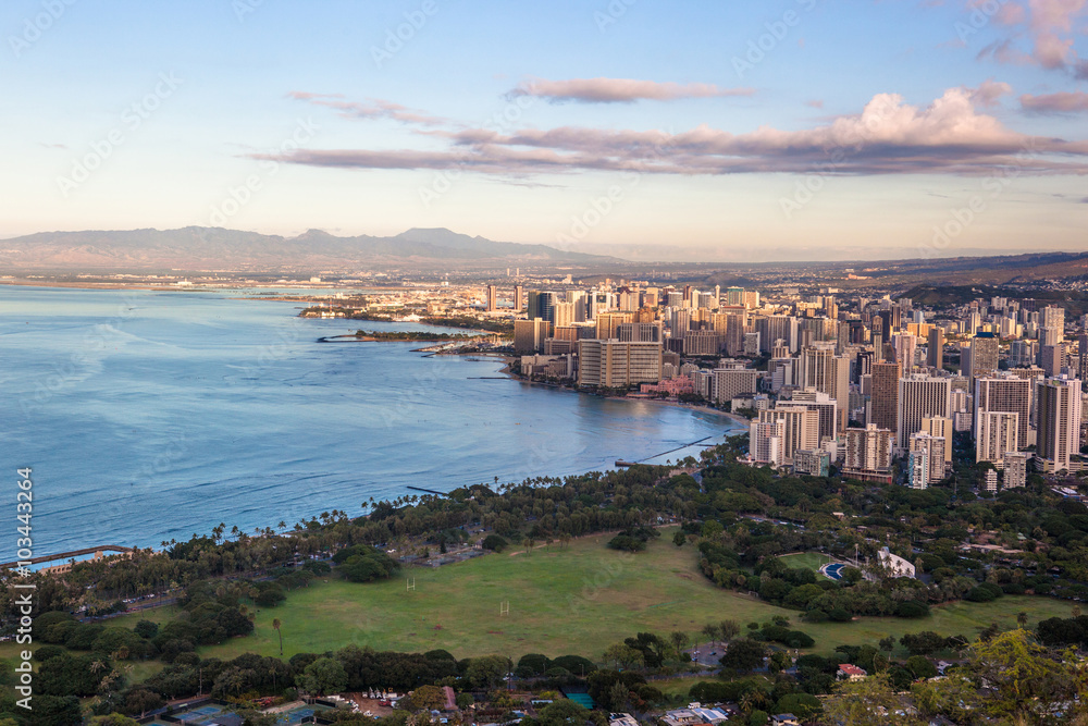 View on Waikiki beach and Honolulu in Hawaii from Diamond Head Trail View on Waikiki beach and Honolulu in Hawaii from Diamond Head Trail