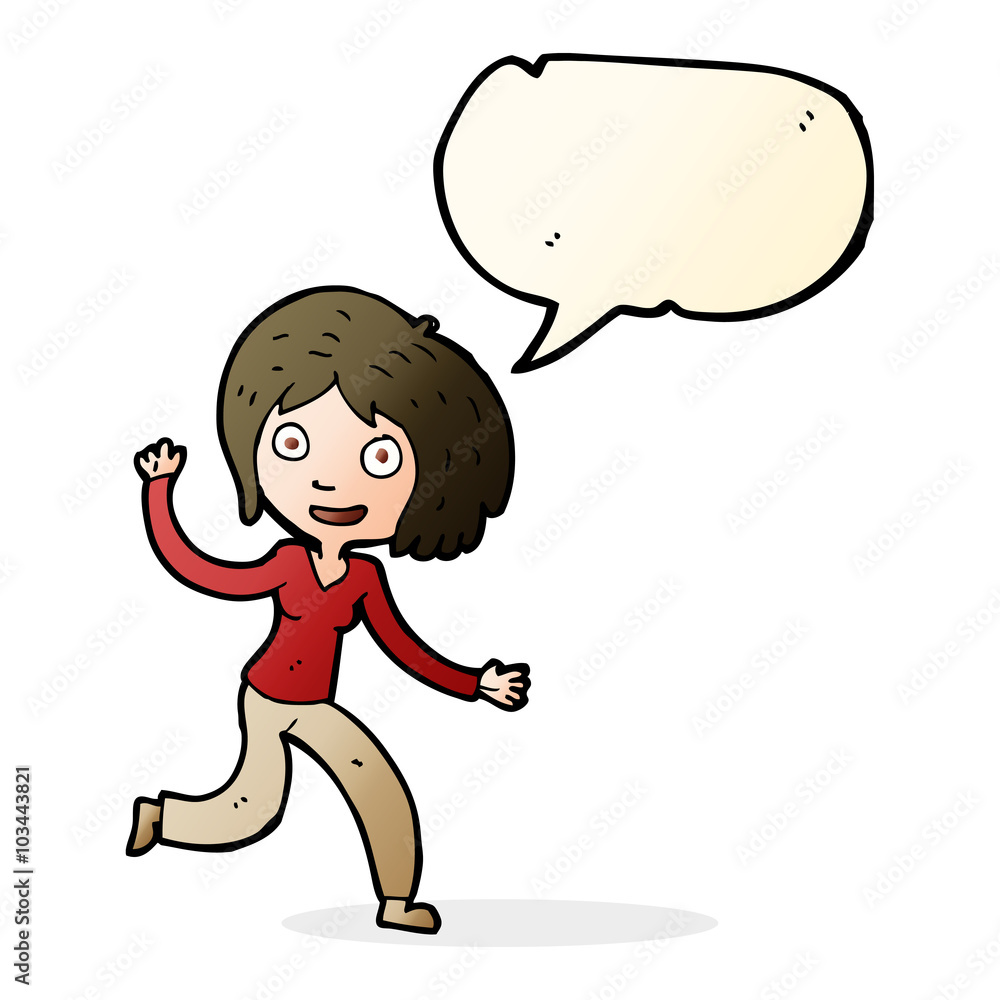 cartoon happy waving girl with speech bubble cartoon happy waving girl with speech bubble