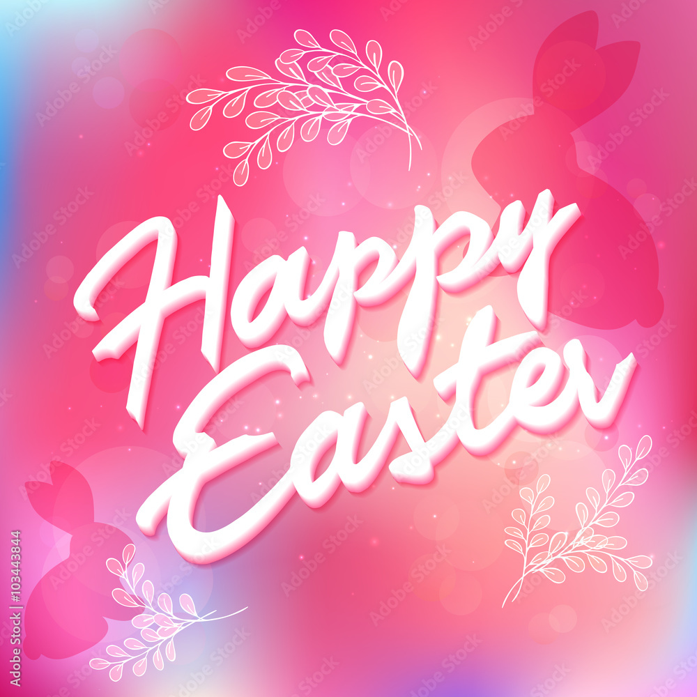 vector hand drawn easter lettering greeting quote with flower branches and rabbits on blur background