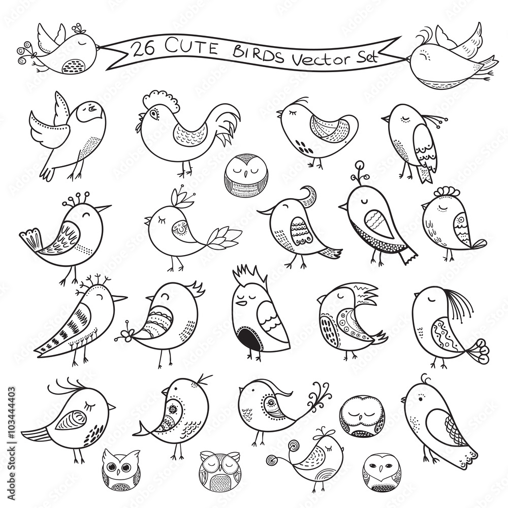 Set of 26 cute birds in vector. Birds doodle collection. Stock ...