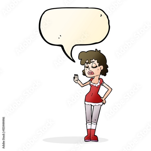 cartoon woman making dismissive gesture with speech bubble