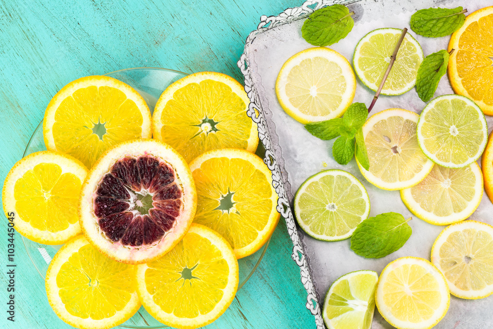 Assortment of cut citrus fruits. Assortment of cut citrus fruits.