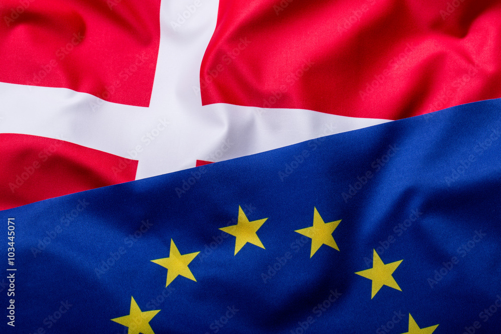 Flags of the Denmark and the European Union. Denmark Flag and EU Flag. World flag money concept. Flags of the Denmark and the European Union. Denmark Flag and EU Flag. World flag money concept.