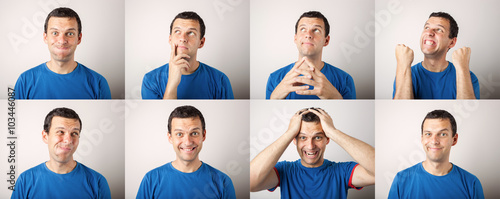 Composition of young man expressing different emotions