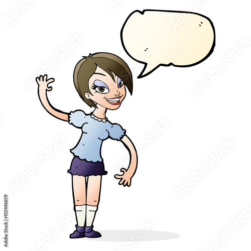 cartoon girl waving with speech bubble