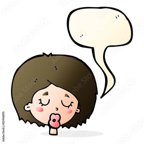 cartoon woman with eyes closed with speech bubble