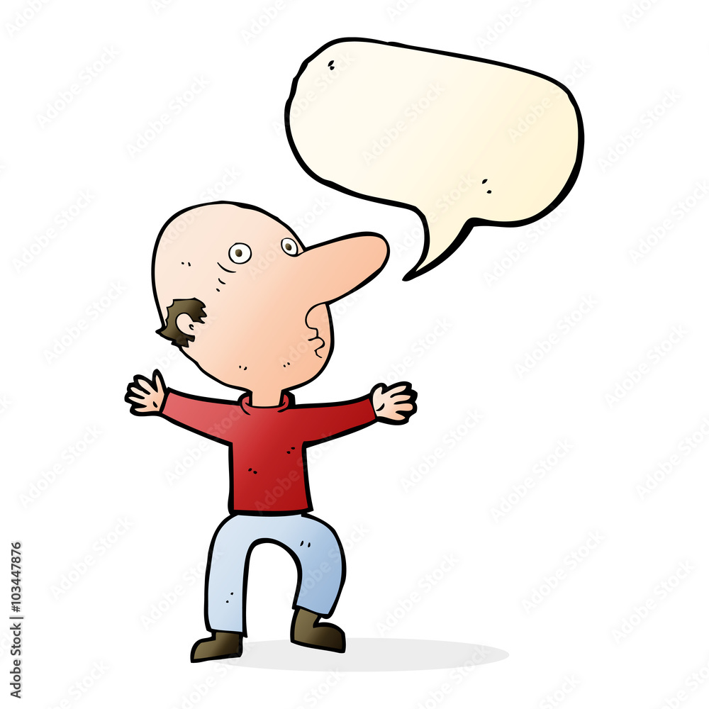 cartoon worried middle aged man with speech bubble