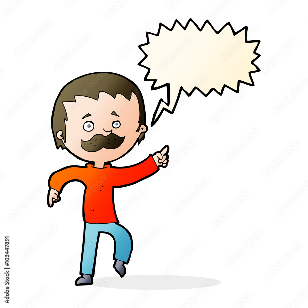 cartoon man with mustache pointing with speech bubble cartoon man with mustache pointing with speech bubble