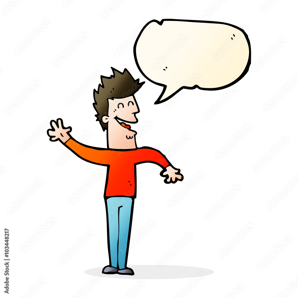 cartoon happy man waving with speech bubble cartoon happy man waving with speech bubble