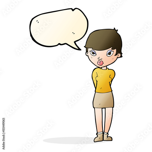 cartoon shy woman with speech bubble