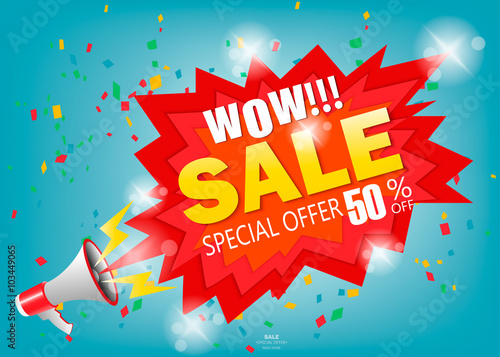WOW message bubble speech vector illustration with bullhorn, promotion or sale sticker horn label, megaphone presentation poster.