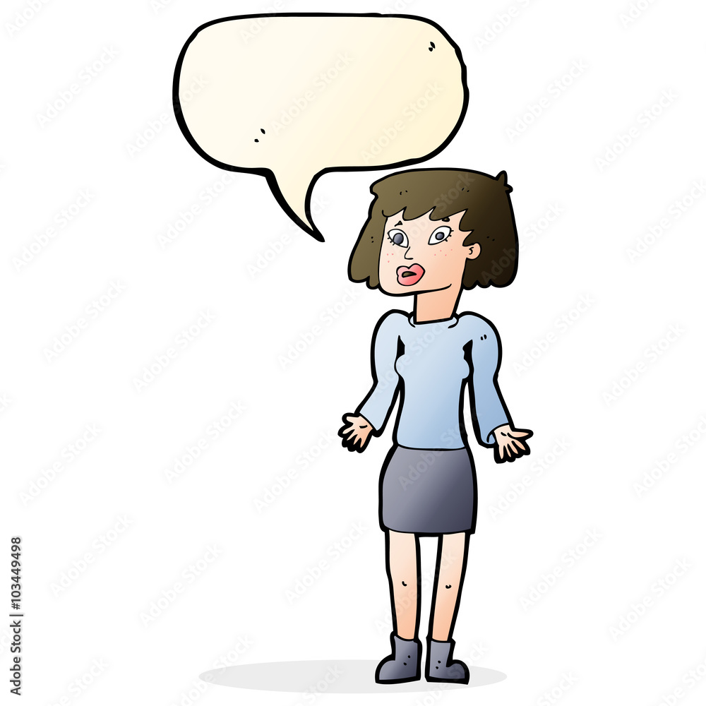 cartoon woman shrugging shoulders with speech bubble cartoon woman shrugging shoulders with speech bubble