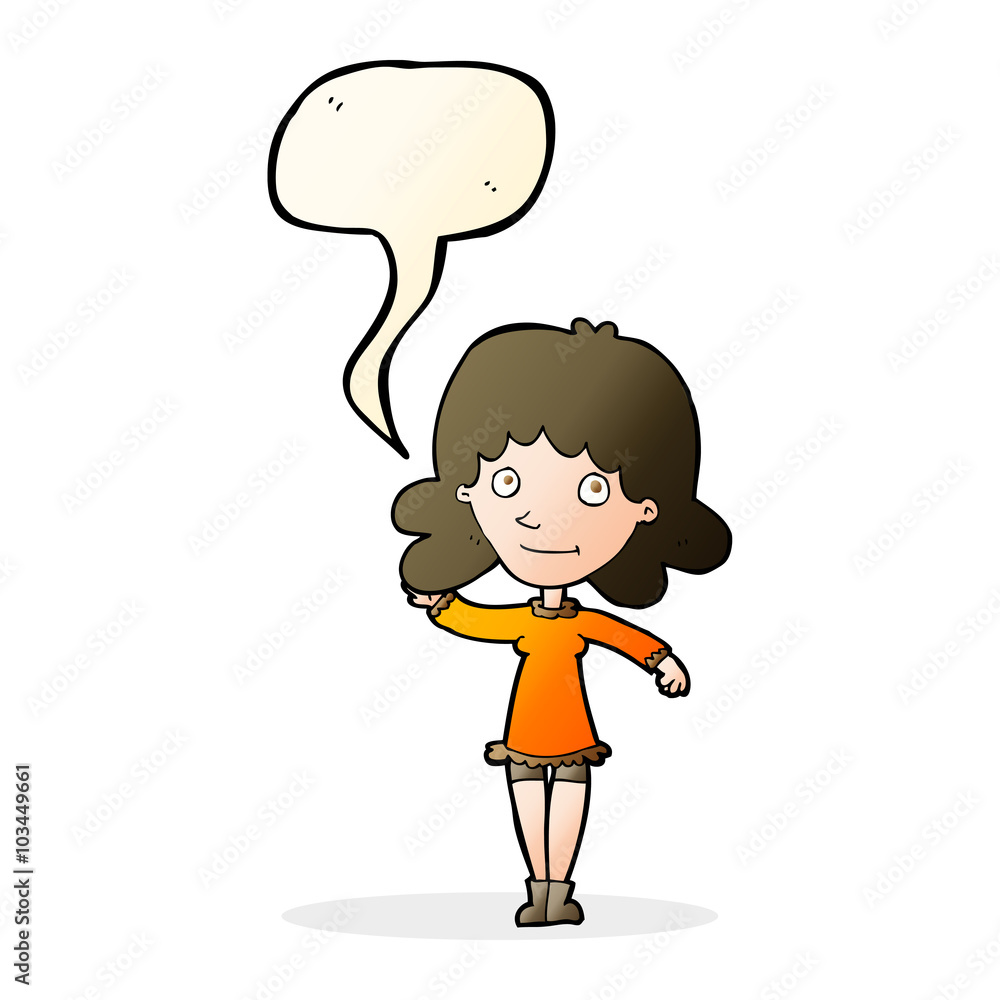 cartoon friendly woman waving with speech bubble cartoon friendly woman waving with speech bubble