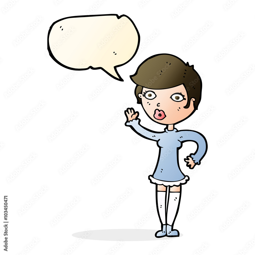 cartoon pretty woman waving with speech bubble cartoon pretty woman waving with speech bubble