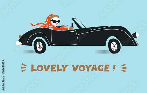Stylish girl driving car. Illustration.