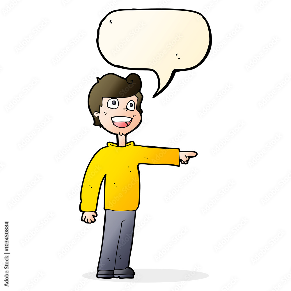 Fototapeta premium cartoon man pointing and laughing with speech bubble