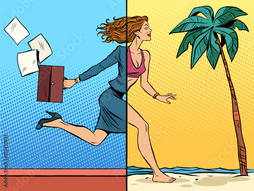 Business woman dreaming about vacation at sea