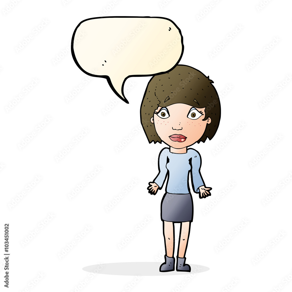 cartoon woman shrugging shoulders with speech bubble cartoon woman shrugging shoulders with speech bubble