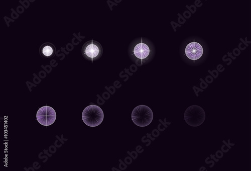 Sprite sheet for cartoon electric star plasma explosion, mobile, flash game effect animation. 8 frames on dark background.