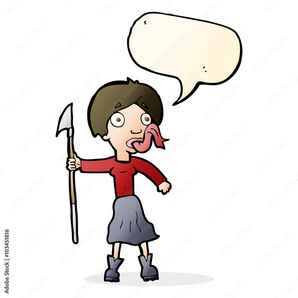 cartoon woman with spear sticking out tongue with speech bubble cartoon woman with spear sticking out tongue with speech bubble