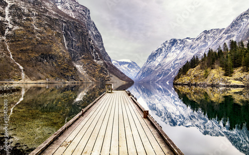 Behang view from Gudvangen village towards fjord, Norway