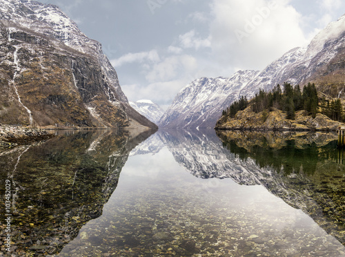 view from Gudvangen village towards fjord, Norway