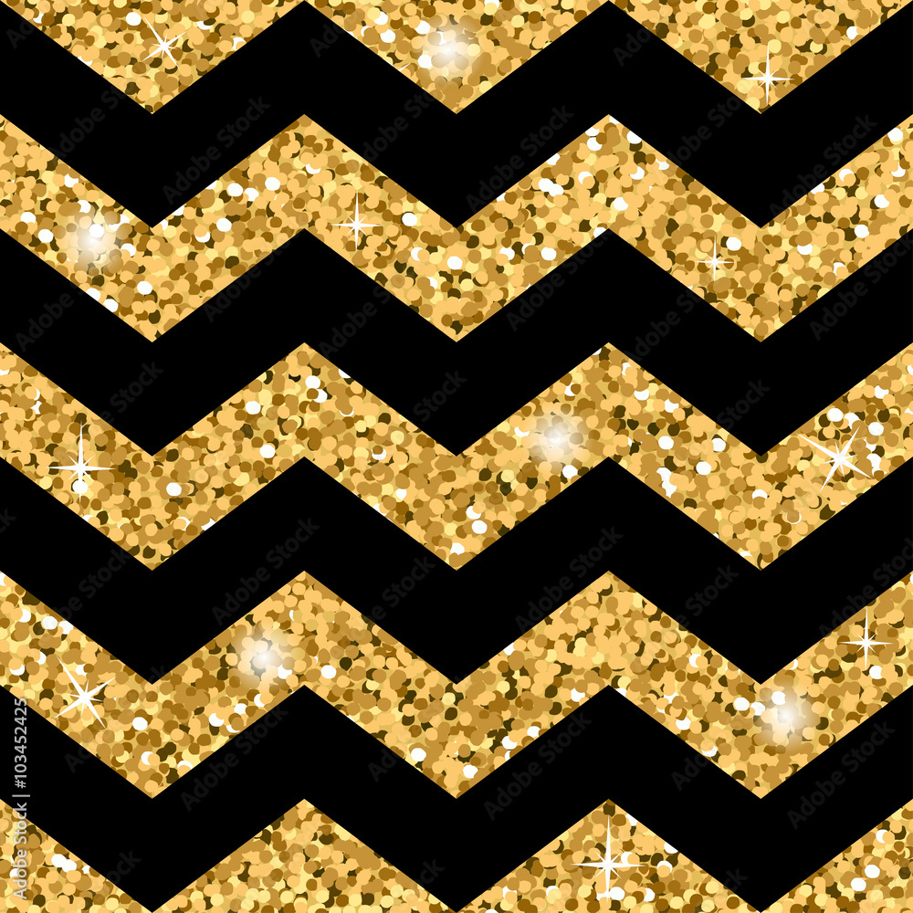 Zigzag seamless pattern. Gold glitter and black template. Abstract ...