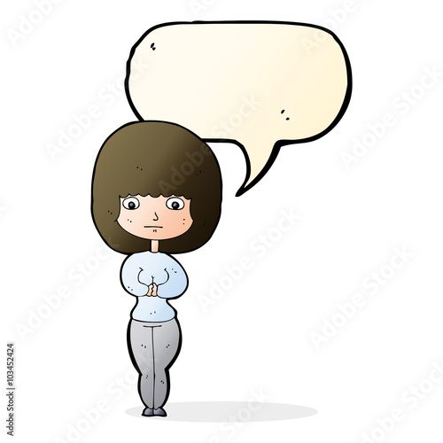 cartoon shy woman with speech bubble