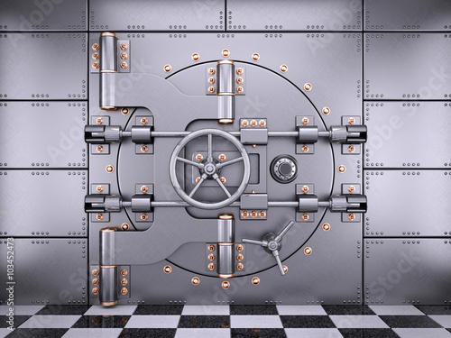Vault safe bank door in banking room 3d