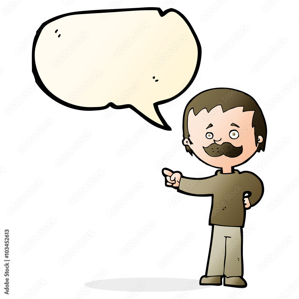 cartoon man with mustache pointing with speech bubble cartoon man with mustache pointing with speech bubble