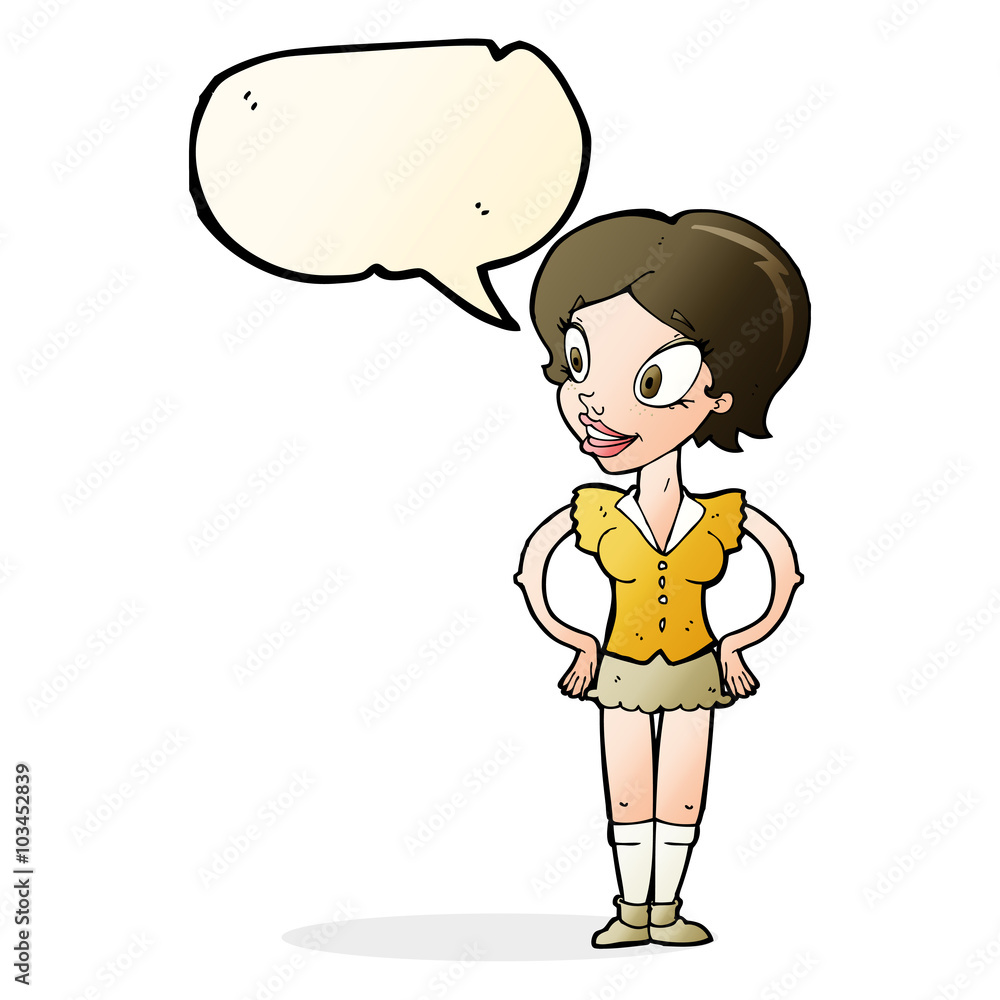 cartoon happy woman in short skirt with speech bubble cartoon happy woman in short skirt with speech bubble