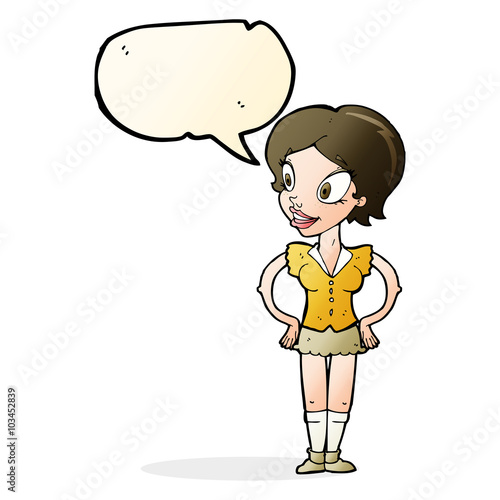 cartoon happy woman in short skirt with speech bubble