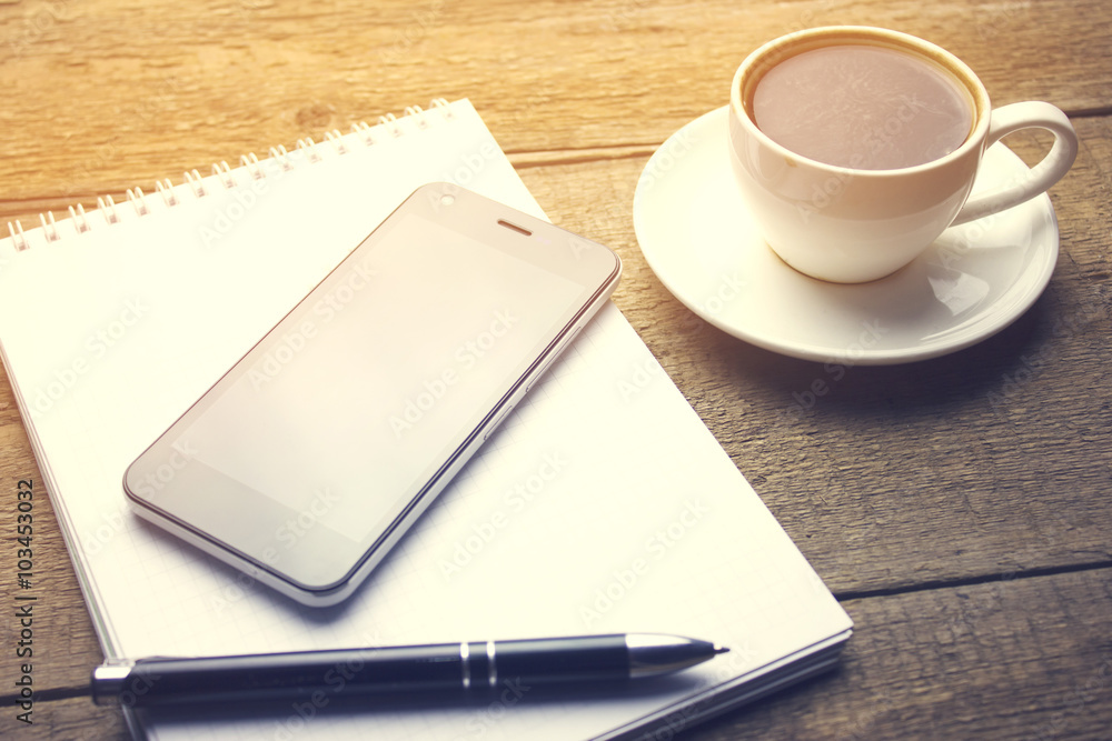 coffee with notebook and phone coffee with notebook and phone
