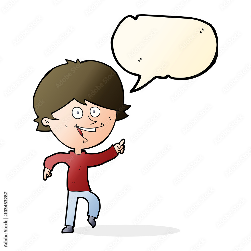 cartoon happy pointing man with speech bubble