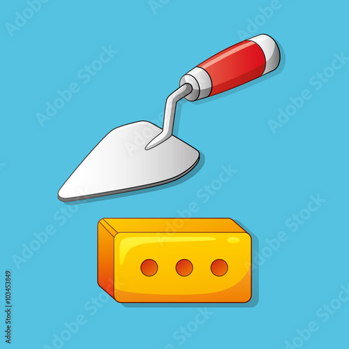 Trowel and brick on a blue background.