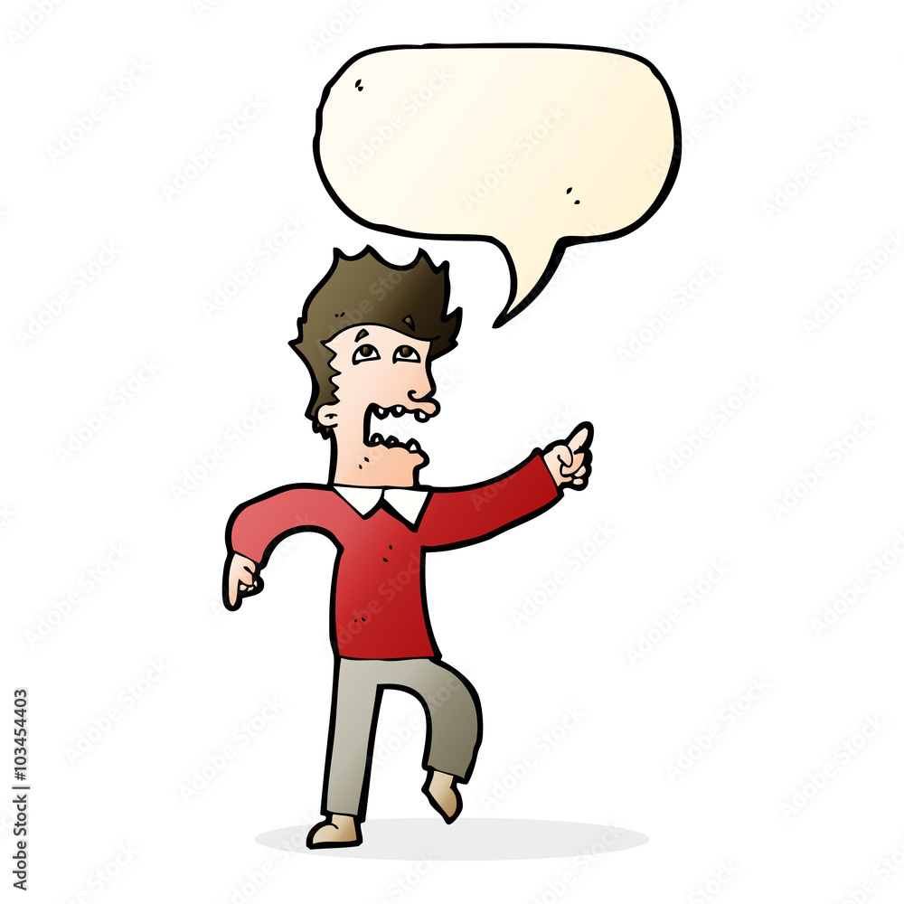 Fototapeta premium cartoon frightened man pointing with speech bubble
