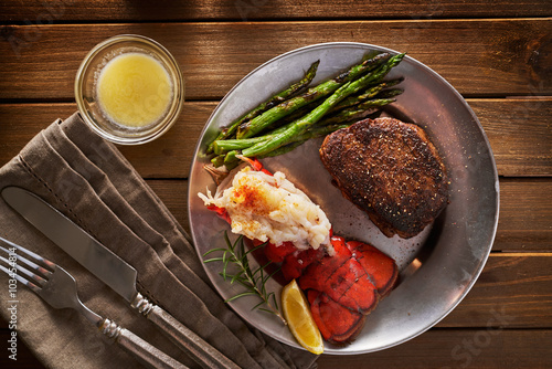 top down overhead view of steak and lobster dinner photo