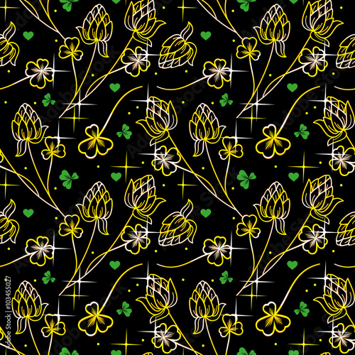 Seamless pattern with vector images of golden clover on a black. 