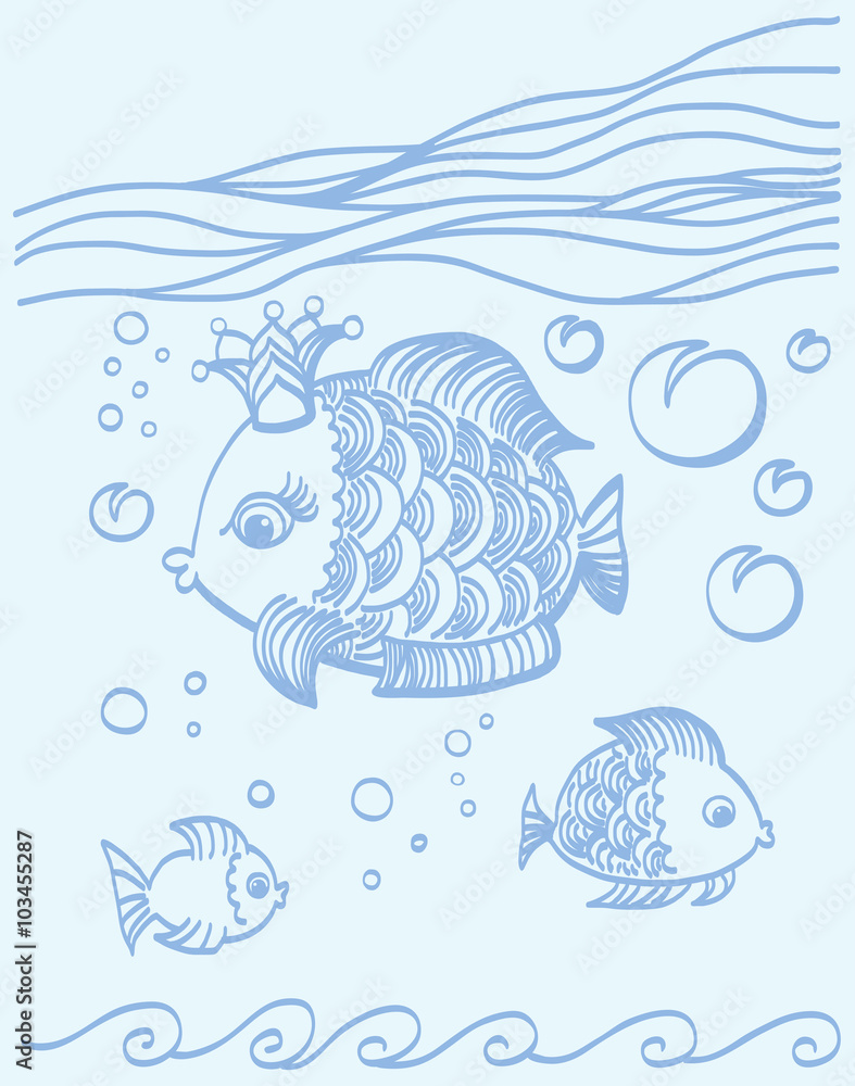 Obraz premium Gold fish with a crown in the sea environment.