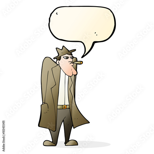cartoon man in hat and trench coat with speech bubble