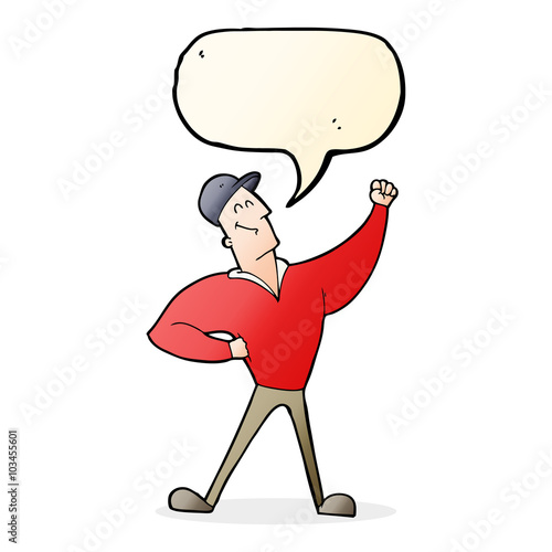 cartoon man striking heroic pose with speech bubble