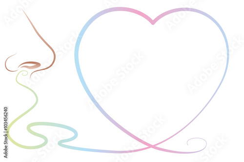 Odor perception with heart symbol - a nose thats smells a lovely scent, a sweet fragrance or an olfactory stimulus like pheromones.