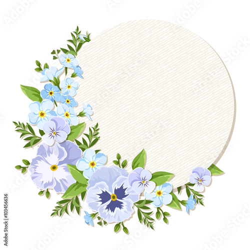 Vector circle card with blue and purple pansies and forget-me-not flowers.