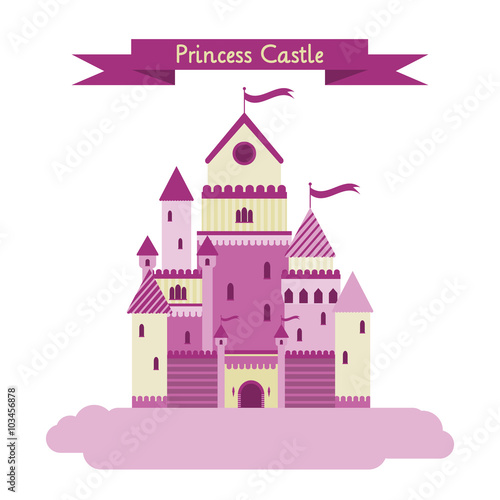 Vector pink princess castle. Magic fantasy castle. Vector flat illustrations.