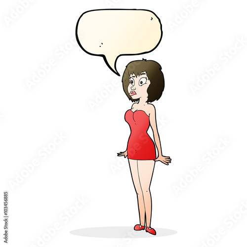 cartoon surprised woman in short dress with speech bubble