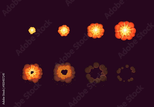 Sprite sheet for cartoon fire explosion, mobile, flash game effect animation. 8 frames on dark background.