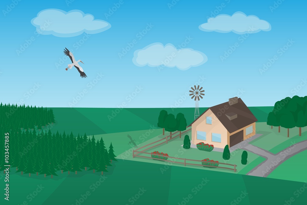 A beautiful rural landscape, vector background. Meadow and forest, flying stork, cosy house with a windmill.