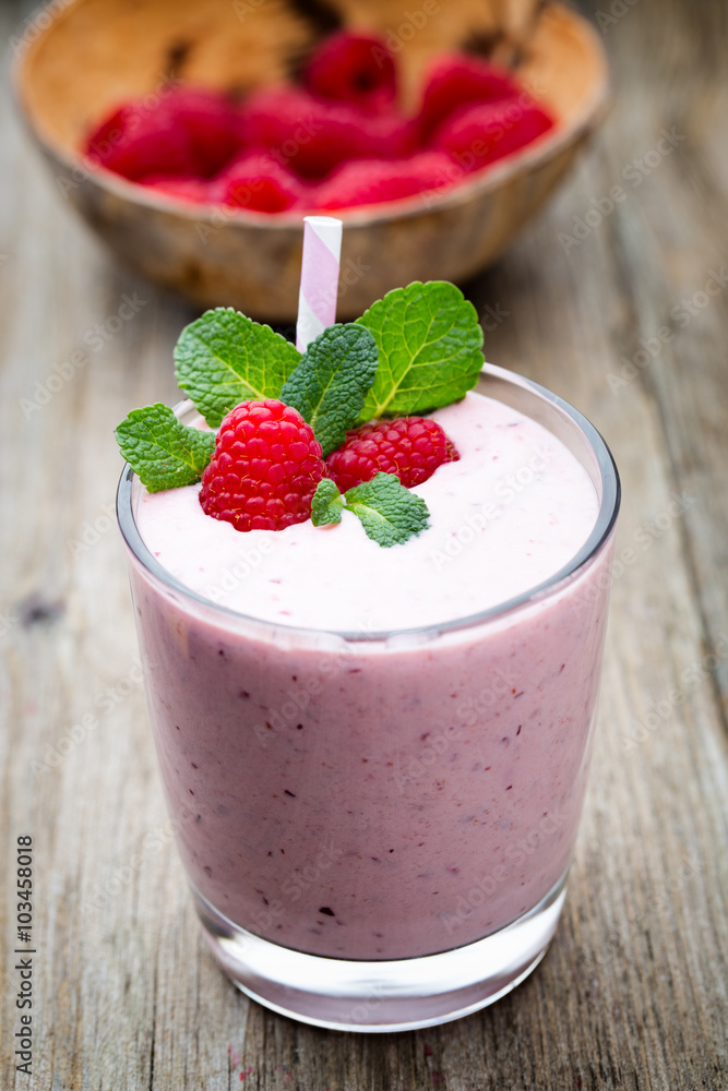 Raspberry milk shake with mint decor. Raspberry milk shake with mint decor.