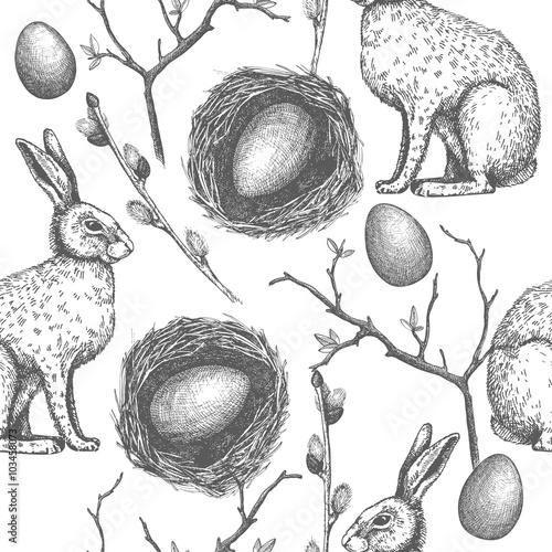 Seamless vintage pattern with ink hand drawn Easter illustrations. Vector background with hare sketch.